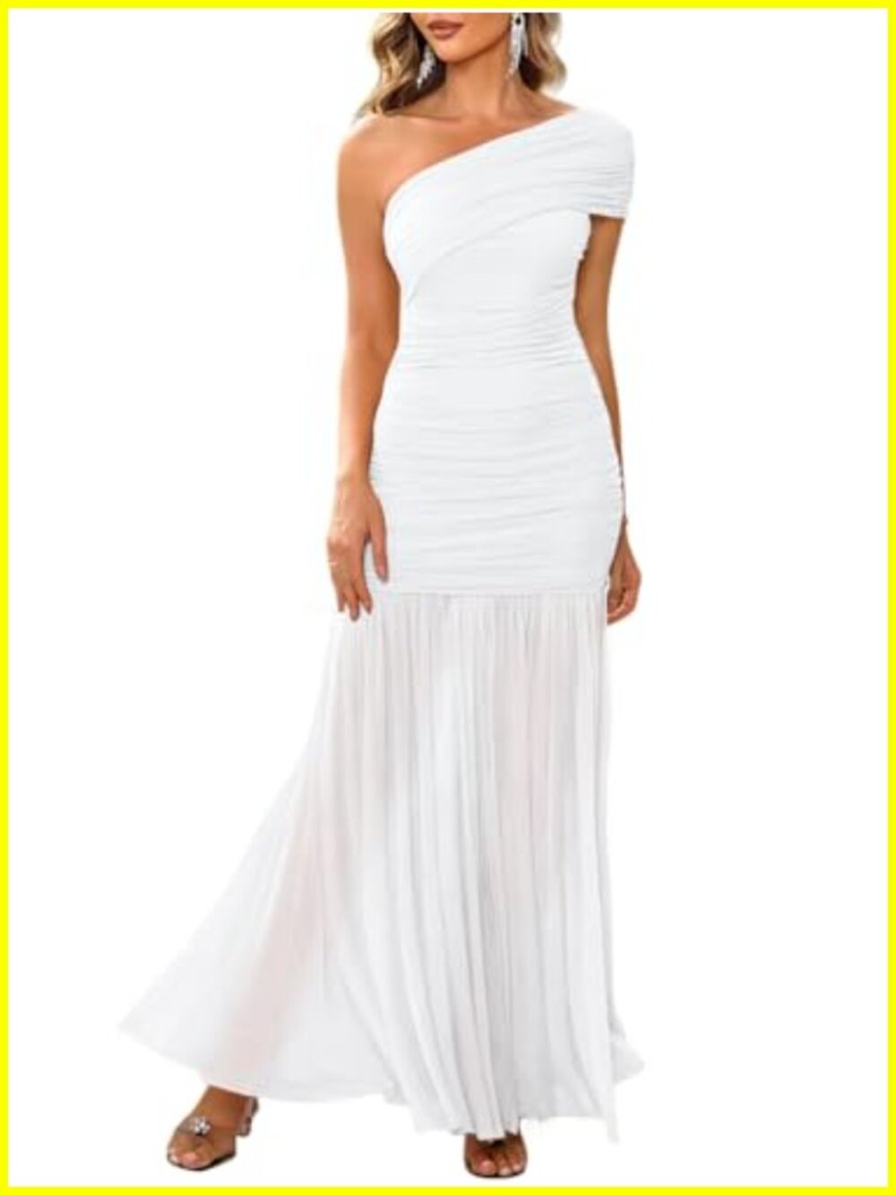 Womens One Shoulder Sleeveless Formal Maxi Dress Bodycon Ruched Mesh Split Hem